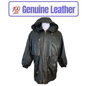 Vintage 90s GIII Leather Jacket Coat Hooded Parka Full Zip Men’s Large Vented